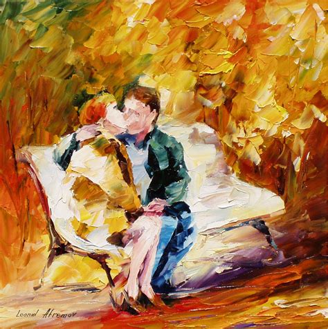 Kiss On The Bench — Palette Knife Oil Painting On Canvas By Leonid Afremov Size 24 W X 24 H
