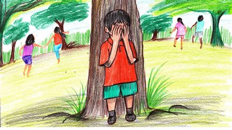 How To Draw A Kids Playing Hide And Seek Game Step By Step