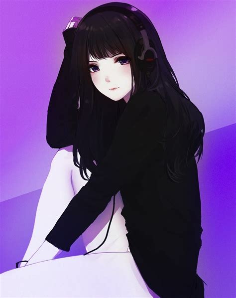 Download Wallpaper 950x1534 Headphone Cute Anime Girl Black Hoodie