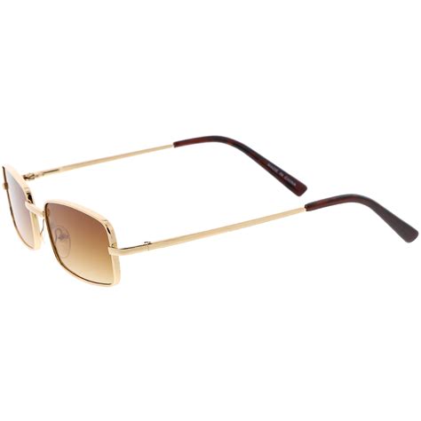 Classic Small Metal Rectangle Sunglasses Neutral Colored Flat Lens 54mm Gold Amber