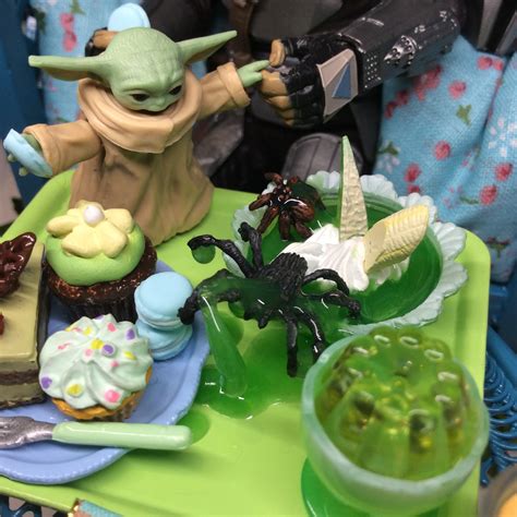 Baby Yoda Eating Spiders And Space Macarons With Mando Diorama By