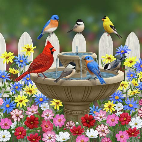 The Colors Of Spring Bird Fountain In Flower Garden Painting By