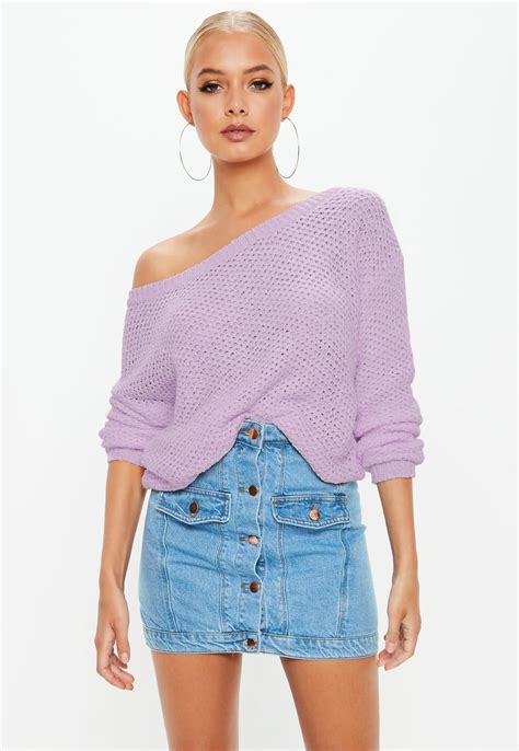Purple Sweater In An Off The Shoulder Style Cropped Fit And With Long