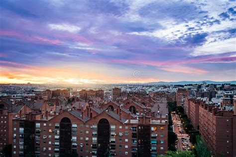 Madrid Cityscape At Sunset With Purple Clouds Stock Photo Image Of