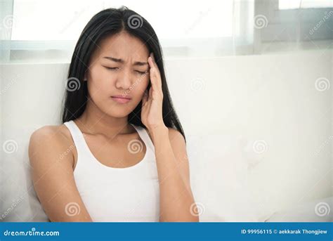 Asian Woman Having Headache On Her Bed Stock Image Image Of Space