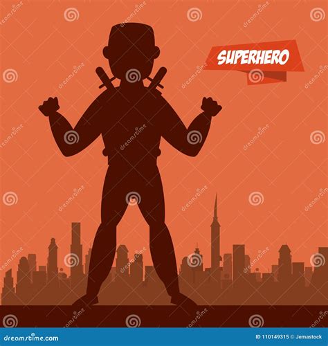 Ninja Superhero Cartoon On City Silhouette Stock Vector Illustration