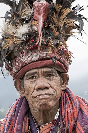 Portrait Old Ifugao Man In National Dress Next To Rice Terraces Banaue Philippines Editorial