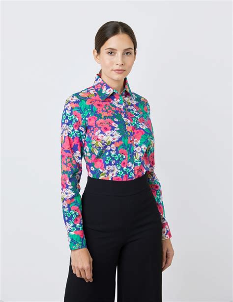Cotton Stretch Womens Semi Fitted Shirt With Floral Print And Single