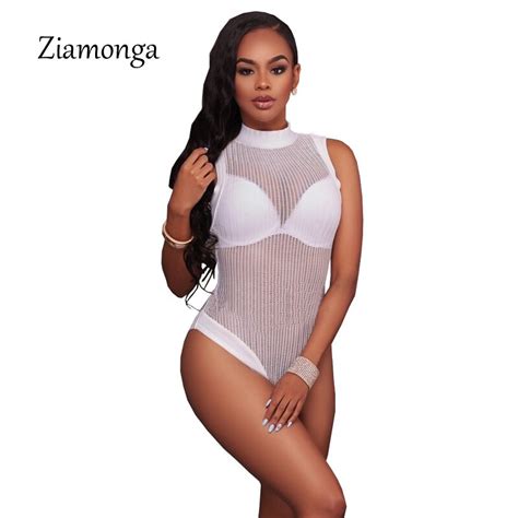 Ziamonga Sexy Bodysuit Women 2017 Fashion Black White See Through Mesh Bodysuit Combisaison