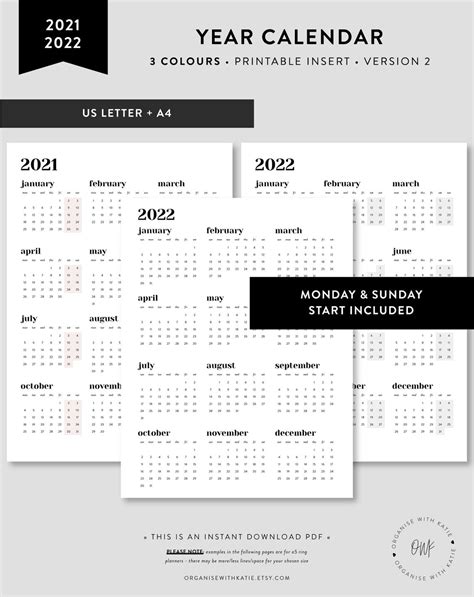 2021 2022 A4 Us Letter Calendar Printable Instant Download Etsy