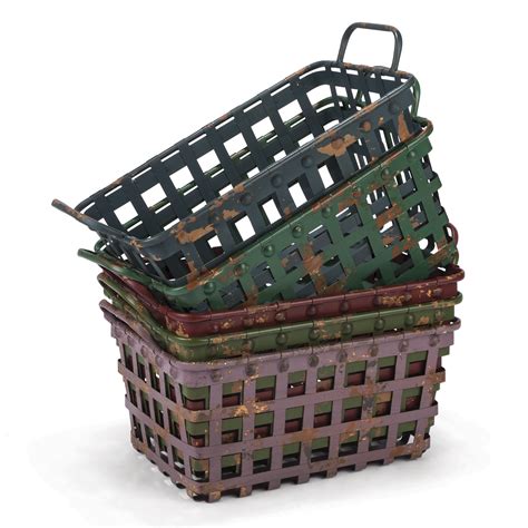 Distressed Metal Strapping Baskets With Two Handles In Assorted Colors