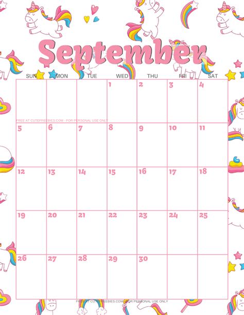September 2021 Calendar Printable Unicorns Cute Freebies For You