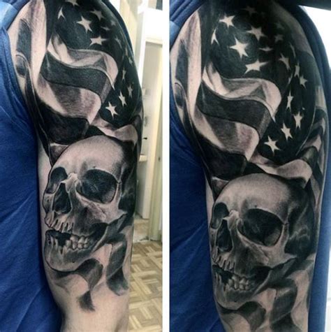 Half Sleeve Black American Flag And Skull Tattoos For