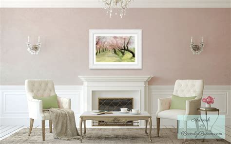 Blush Pink Living Room With Spring Cherry Blossoms Art