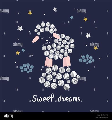 Sweet Dreams Vector Illustration For Kids Cute Sleeping Sheep Clouds