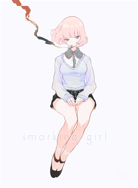 Safebooru 1girl Blue Eyes Cigarette Highres Miri Nanase Original Pink Hair Short Hair Simple