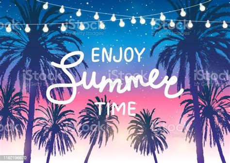 Summer Party Background With Palm Trees Silhouettes On Sunset Sky Stock