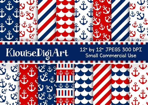Red And Navy Blue Nautical Digital Papers With Anchors Etsy