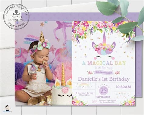 Unicorn Invitation Editable Template Cute Purple Floral Unicorn First