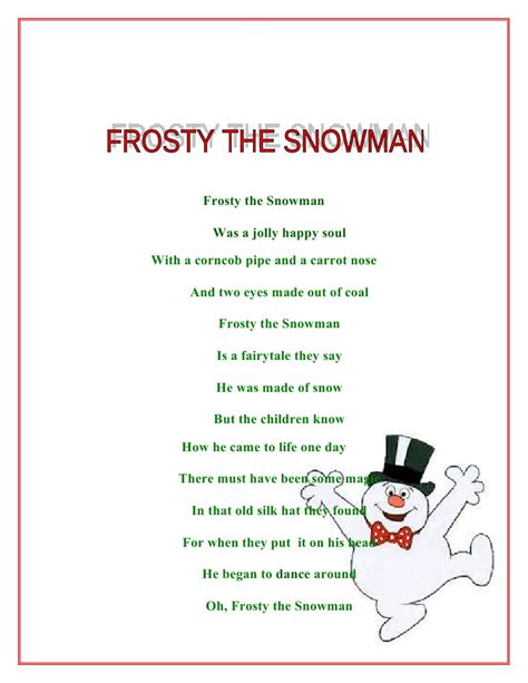 lyrics frosty the snowman printable printable world holiday