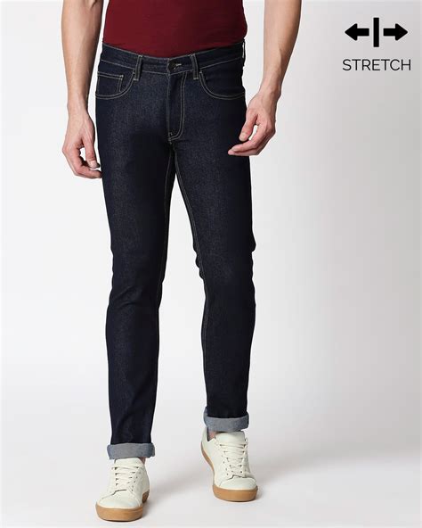 Cobalt Blue Denim Pants Mid Rise Stretchable Mens Jeans