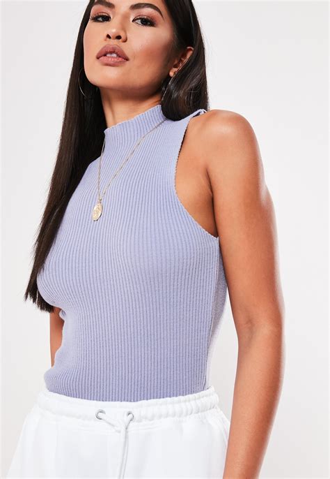 Purple Ribbed High Neck Sleeveless Tank Top Missguided