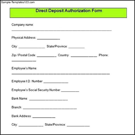 Sample Direct Deposit Authorization Form Download Sample Templates