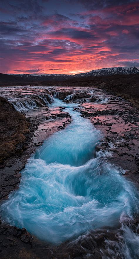 Sunset At The Waterfall Brúarfoss The Iphone Wallpapers