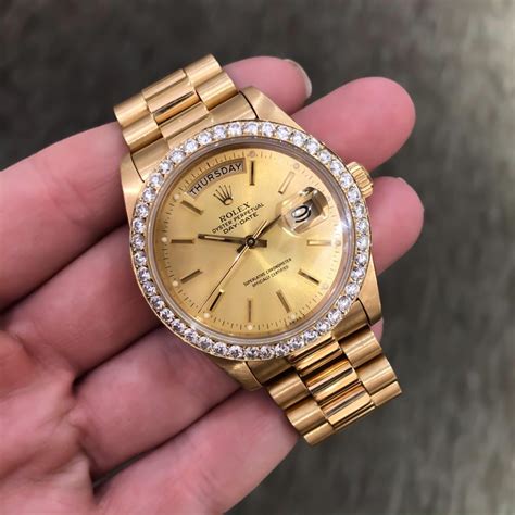 Sticking an inferior bezel on your beautiful hand crafted time piece is a sin. Rolex President Daydate Diamond Bezel 18 Karat Yellow Gold ...