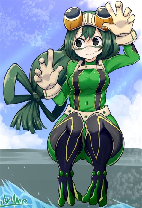 safebooru 1girl arm up artist name asui tsuyu bangs belt black eyes black footwear blue sky