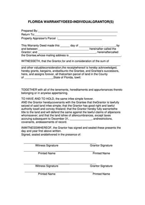 Fillable Florida Warranty Deed Form Individual Grantors Printable