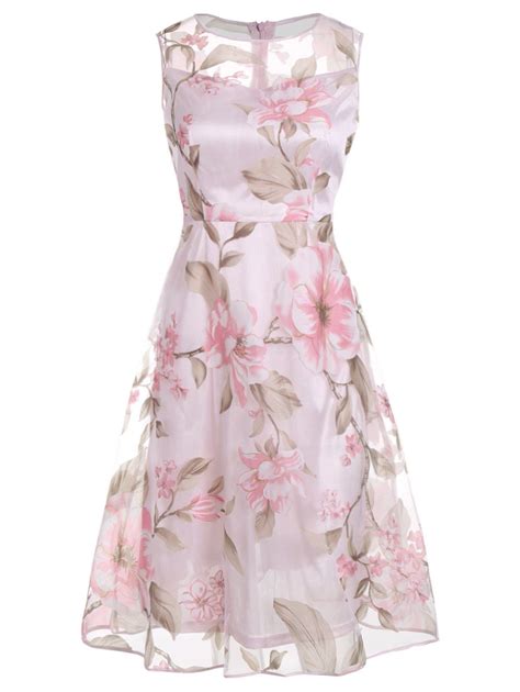 45 Off Floral Printed Sleeveless Organza A Line Midi Dress Rosegal