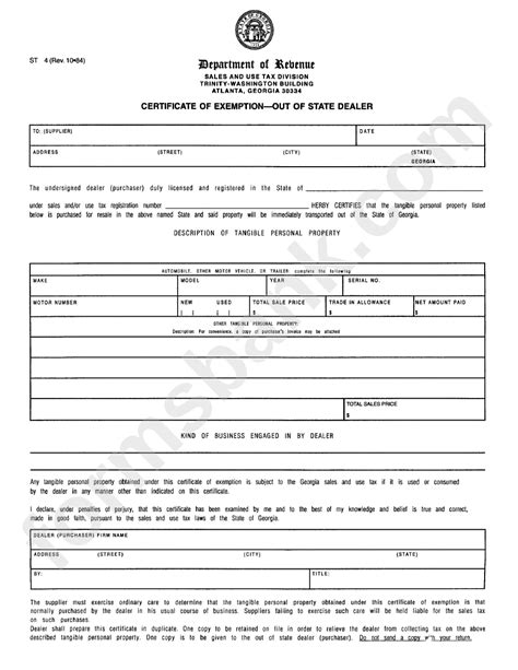 Ga Out Of State Tax Exempt Form