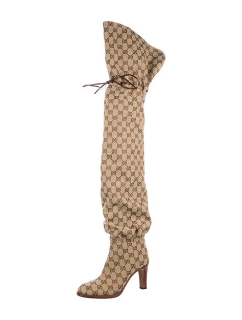 Gucci New Monogram Canvas Brown Leather Tie Logo Tall Thigh High Boots