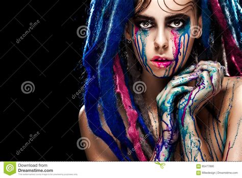 Bodyart Model Girl Portrait With Colorful Paint Make Up