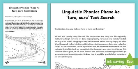 Printable phonics worksheets for kids. Linguistic Phonics Phase 4c 'ture, sure' Text Search Worksheet