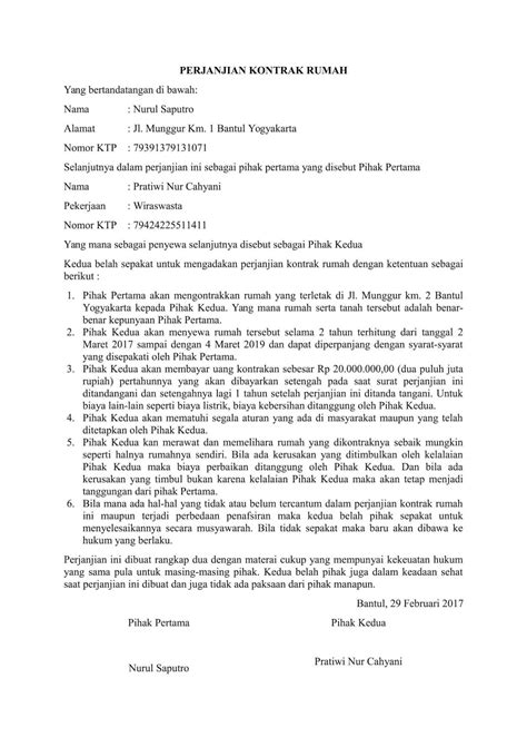 Surat sanggup/promes adalah surat berharga yang merupakan kontrak berisi janji suatu pihak untuk membayarkan sejumlah uang kepada pihak lainnya. Contoh Surat Perjanjian Kontrak Rumah Sederhana - Assalam Print