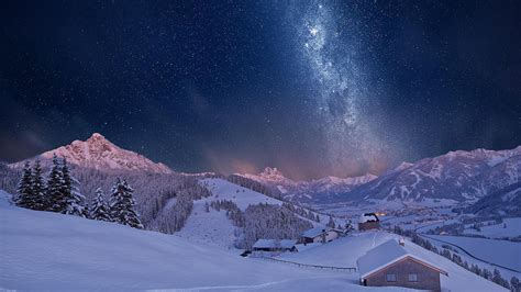 Milky Way Sky Over Winter Village