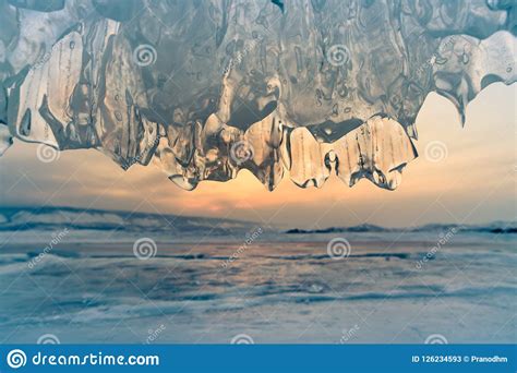 Ice Cave With Sunset Baikal Water Lake Russia Stock Image