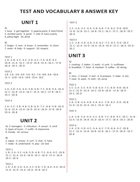 Test And Vocabulary 8 Answer Key Unit 1 Unit 2 Unit 3