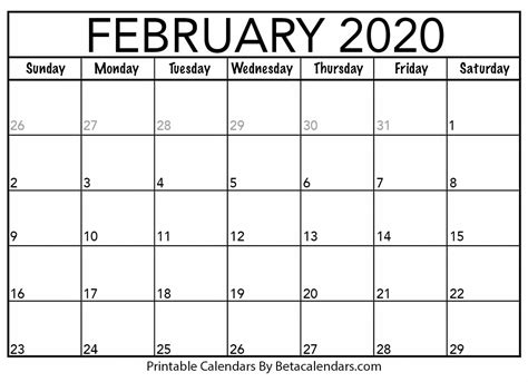 Printable February 2020 Calendar Beta Calendars