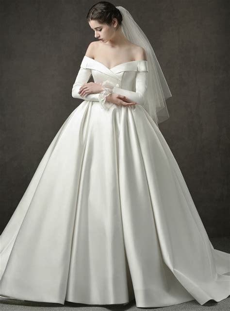 Ivory White Ball Gown Satin Off The Shoulder Long Sleeve Wedding Dress