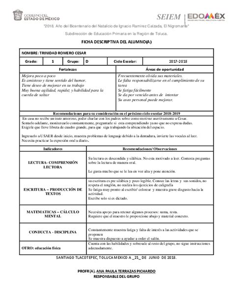 Ejemplo De Fichas Descriptivas Por Alumno De Primaria Ejemplo Sencillo