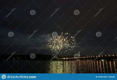 Fireworks Over The Dnipro River Kyiv City Ukraine Motherland Statue