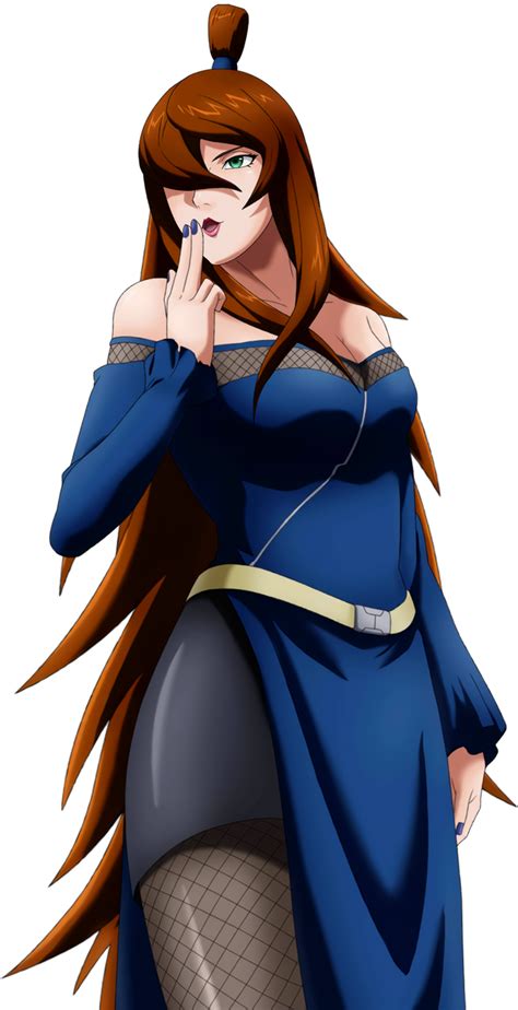 An Anime Character With Long Red Hair Wearing A Blue Dress And Holding Her Finger To Her Mouth