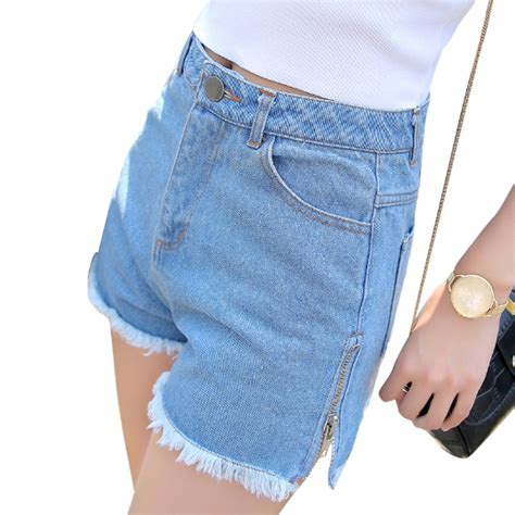 2018 Summer Style Side Zipper Vent Female Blue High Waist Denim Shorts Women Worn Loose Burr