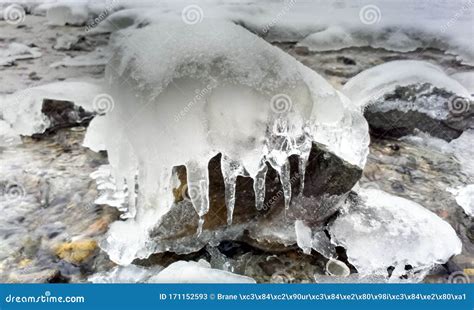 Frozen Stone In Stream At Winter Time Stock Image Image Of Winter
