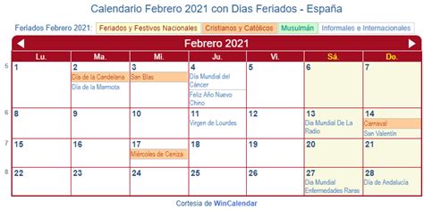 Calendario Febrero 2021 Para Imprimir España