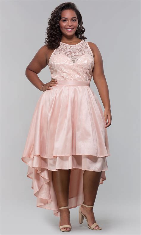 Our styles are trendy, comfortable and we have you covered for any occasion. Plus-Size Lace-and-Sequin High-Low Wedding Guest Dress