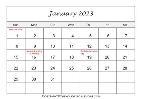 January Holidays 2023 Printable January Calendar 2023